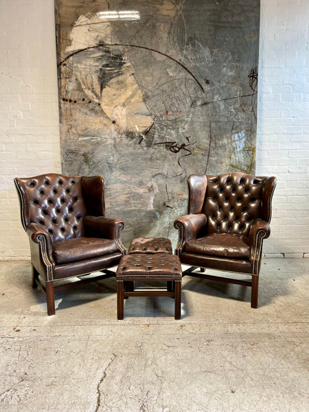 Matching Pair of MidC Leather Chesterfield Club Chairs