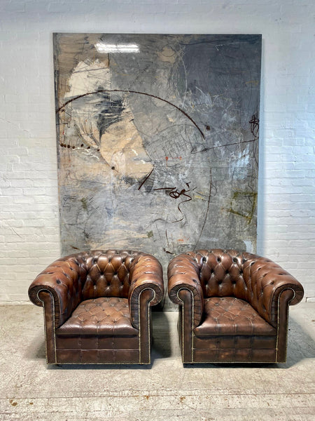 Matching Pair of MidC Leather Chesterfield Club Chairs