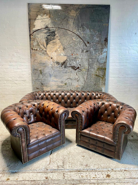 Matching Pair of MidC Leather Chesterfield Club Chairs